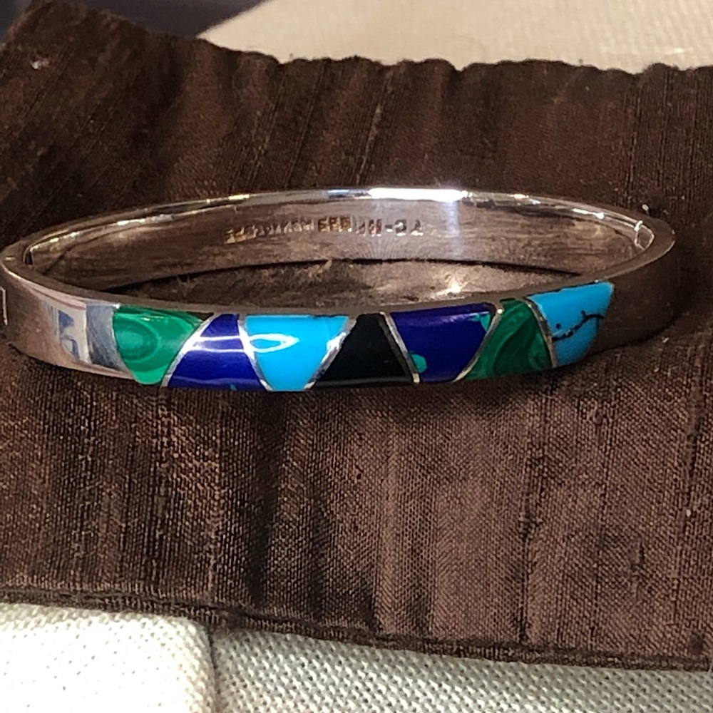 TAXCO Sterling Silver Cuff Bracelet Onyx Lapis Turquoise Malachite Azurite